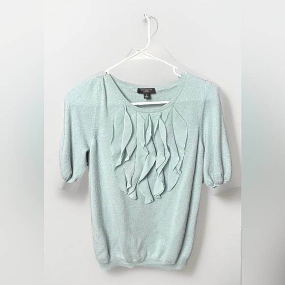 Ann Taylor 100% Cashmere Sweater M Blue Ruffle Front Short Sleeve Pullover Top - Picture 1 of 4